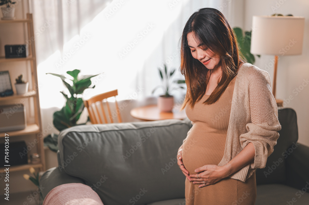 mother, family, maternity, pregnant, woman, pregnancy, baby, motherhood, love, happiness. pregnancy, motherhood, people, close up of happy pregnant woman with big belly near stand sofa and smiling. mother, family, maternity, pregnant, woman, pregnancy, baby, motherhood, love, happiness. pregnancy, motherhood, people, close up of happy pregnant woman with big belly near stand sofa and smiling.