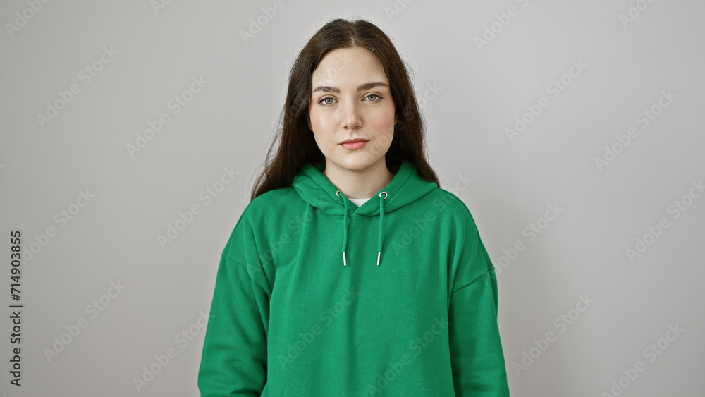 Portrait of a young caucasian woman in casual green hoodie against a white isolated background. Portrait of a young caucasian woman in casual green hoodie against a white isolated background.