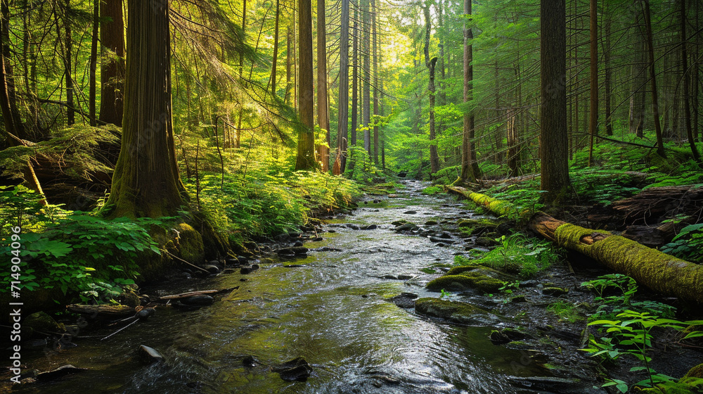 In the heart of a dense, ancient forest, a babbling brook winds its way through towering trees, dappled sunlight filtering through the lush canopy. The vibrant green foliage and se