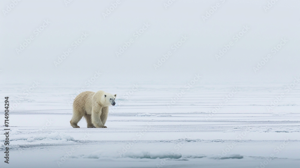 In the Arctic tundra, a lone polar bear traverses a vast expanse of snow and ice, the stark white landscape providing a striking backdrop to the bear's majestic presence. The untou In the Arctic tundra, a lone polar bear traverses a vast expanse of snow and ice, the stark white landscape providing a striking backdrop to the bear's majestic presence. The untou