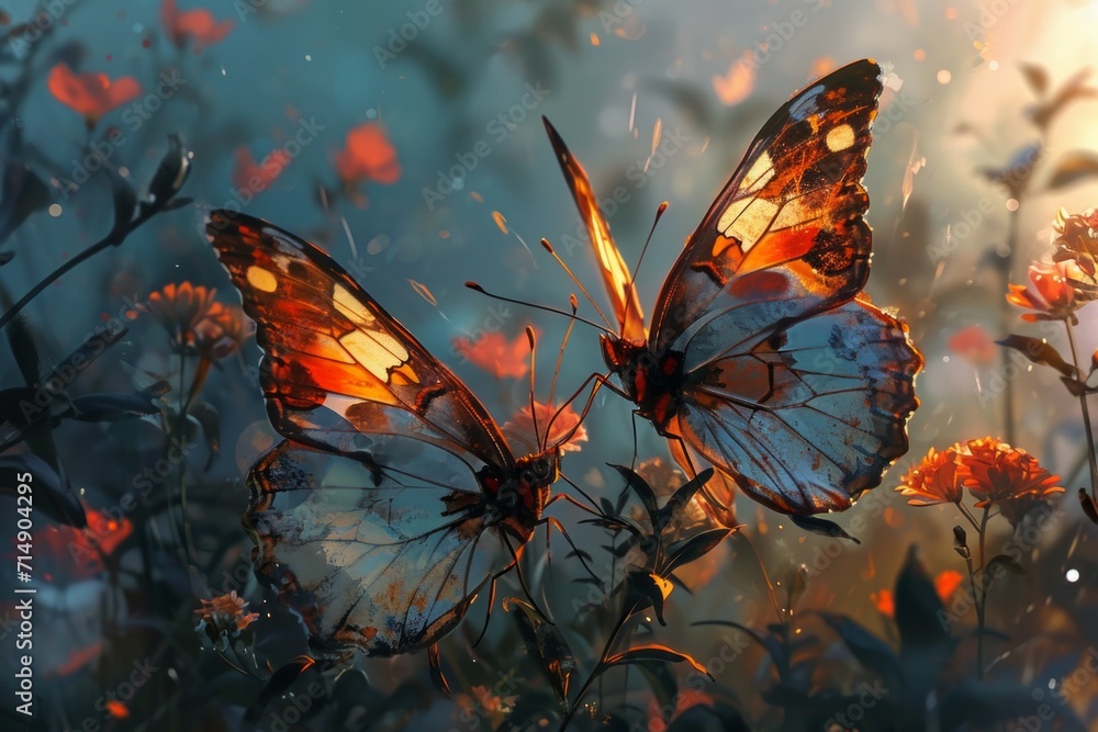 Ethereal twilight butterflies, their wings shimmering with the colors of dusk and dawn - Generative AI Ethereal twilight butterflies, their wings shimmering with the colors of dusk and dawn - Generative AI
