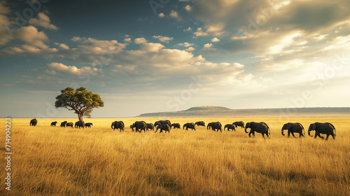 On the savannah of Africa  a majestic herd of elephants travels across the vast landscape  the golden hues of the grassland stretching to the horizon. The sheer scale of the scene