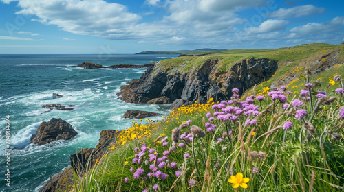 A dramatic coastal cliff adorned with vibrant wildflowers overlooks the crashing waves of the open sea. The rugged terrain and untamed beauty of the coastline create a visually arr
