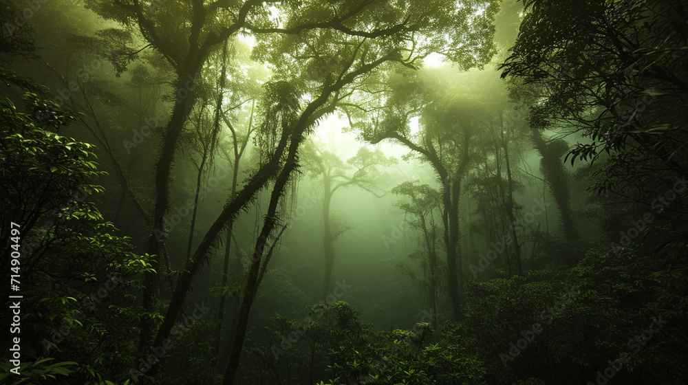 Obraz premium A dense, mist-covered forest reveals the silhouette of ancient trees and lush undergrowth. The mysterious atmosphere and interplay of shadows showcase the untouched beauty of this