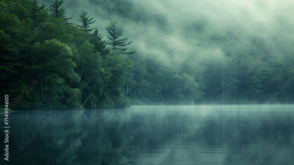 A dense fog blankets a serene lake surrounded by ancient trees, creating an atmosphere of mystery and tranquility. The ethereal quality of the scene accentuates the untouched and u A dense fog blankets a serene lake surrounded by ancient trees, creating an atmosphere of mystery and tranquility. The ethereal quality of the scene accentuates the untouched and u