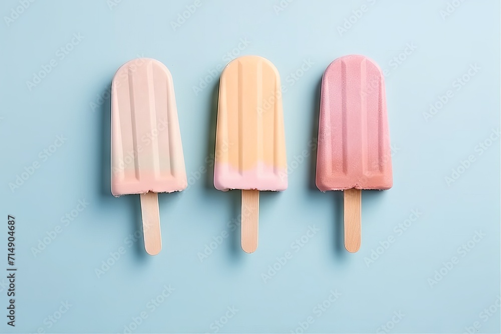 Three ice creams on a stick with different flavors on a green background, an assortment of cold desserts. Concept: children's treat Three ice creams on a stick with different flavors on a green background, an assortment of cold desserts. Concept: children's treat
