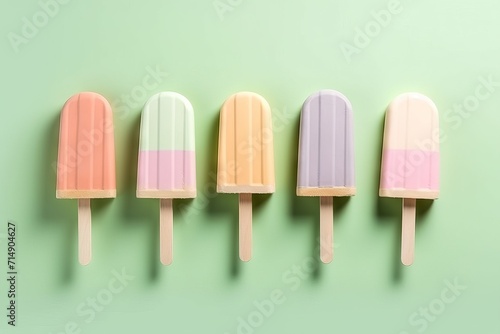 Five ice creams on a stick with different flavors on a green background, an assortment of cold desserts. Concept: children's treat

