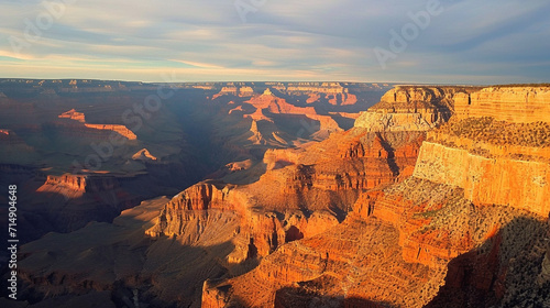 A vast, untouched canyon landscape is bathed in the warm hues of a setting sun, casting long shadows over the rugged terrain. The solitude and natural beauty of the canyon exemplif