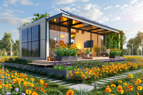 a modern mini house with solar panels, big flowers garden