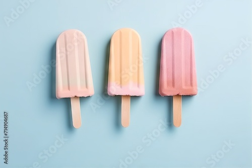 Three ice creams on a stick with different flavors on a green background, an assortment of cold desserts. Concept: children's treat