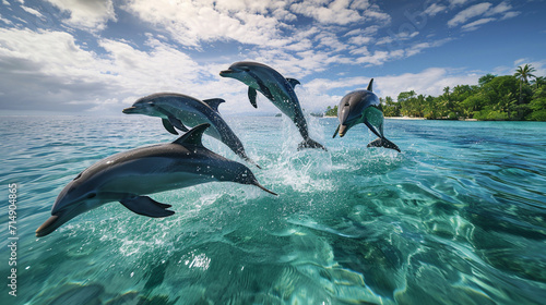 A pod of graceful dolphins leaps in unison through the crystal-clear waters of a remote tropical paradise. The untouched marine environment and the acrobatic display of the dolphin