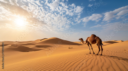 At the edge of an expansive desert  a lone camel treks through rolling sand dunes under the scorching sun. The vast and untouched expanse of the desert landscape accentuates the ha