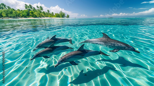 A pod of graceful dolphins leaps in unison through the crystal-clear waters of a remote tropical paradise. The untouched marine environment and the acrobatic display of the dolphin