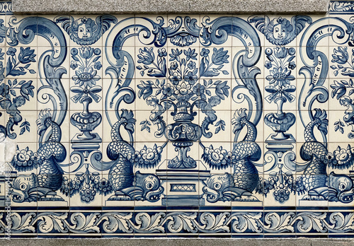 Portuguese Wall tiled mural at one of the Macau's civil city hall building. Heritage tiles preserved. Macanese Portuguese heritage blue porcelain tiled mural.