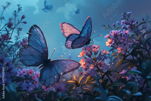Ethereal twilight butterflies, their wings shimmering with the colors of dusk and dawn - Generative AI