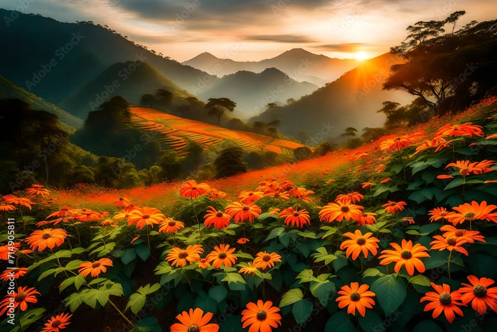 sunset over the flowers beauty mountains 