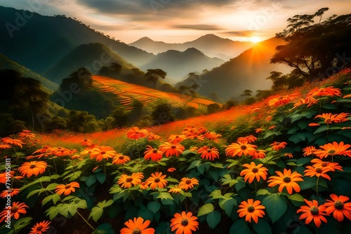 sunset over the flowers beauty mountains 