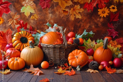 Autumnal Display with Pumpkins and Fall Leaves 
