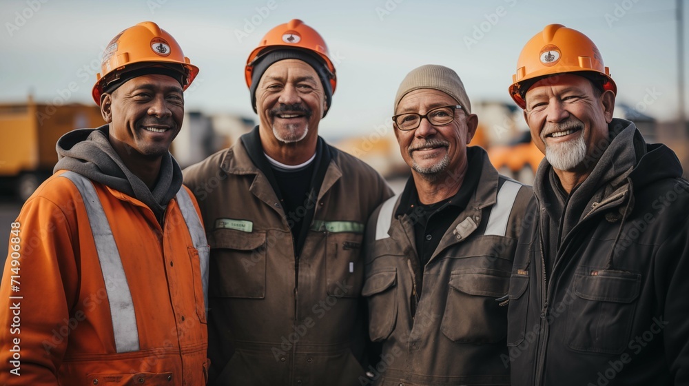 Oil Refinery Plant Workers, Natural Gas Plant Workers Standing Together for a Group Photo Smiling at the Camera Oil Refinery Plant Workers, Natural Gas Plant Workers Standing Together for a Group Photo Smiling at the Camera