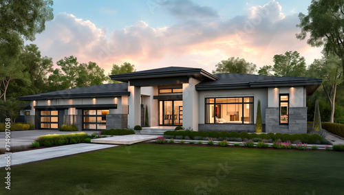 Contemporary Home Design at Sunset Description: A serene sunset over a stylish contemporary home with a well-manicured lawn and modern landscaping. © GustavsMD