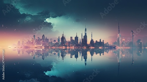 A city skyline is reflected in a body of water