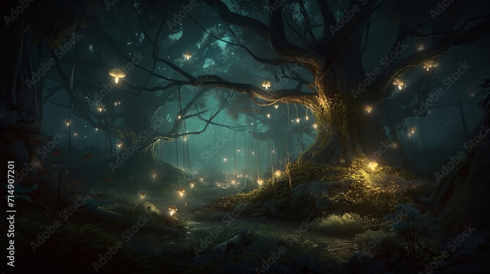 A dark forest filled with lots of lights