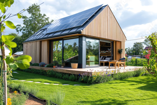 a modern mini house with solar panels, big flowers garden