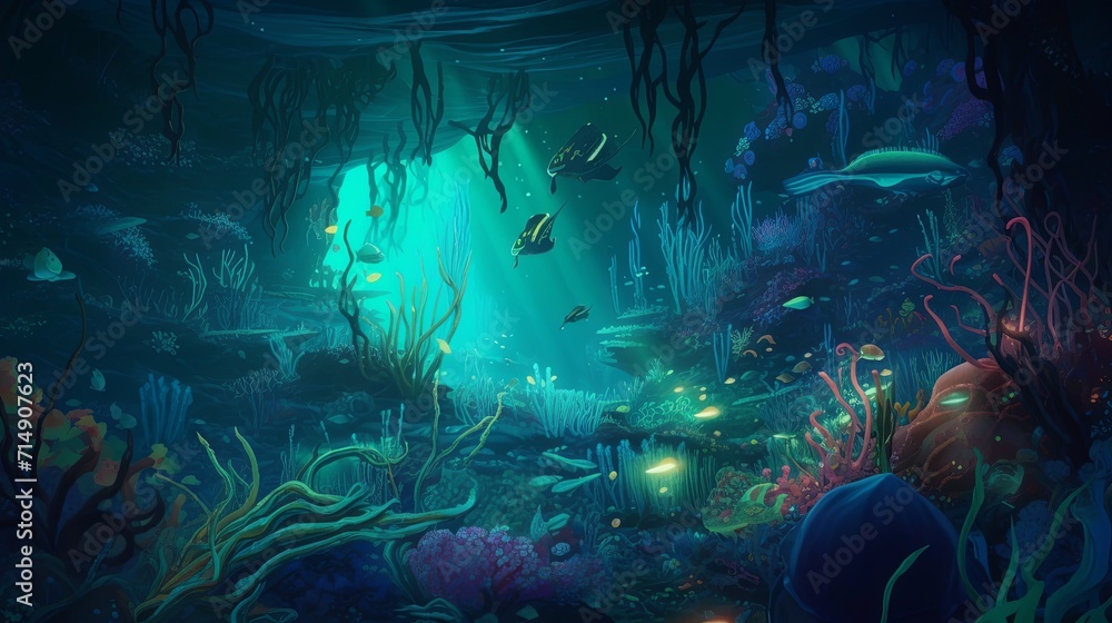 A painting of an underwater scene with fish and corals