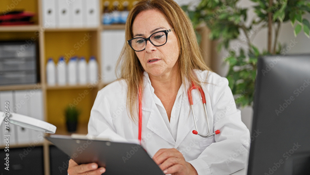 Middle age hispanic woman doctor using computer reading medical report at the clinic