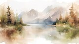 A watercolor painting of a mountain lake