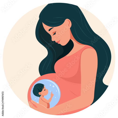 Pregnant woman holding her hands on her stomach communicating with her unborn baby. Vector illustration on the theme of carrying a fetus, medicine and health. 