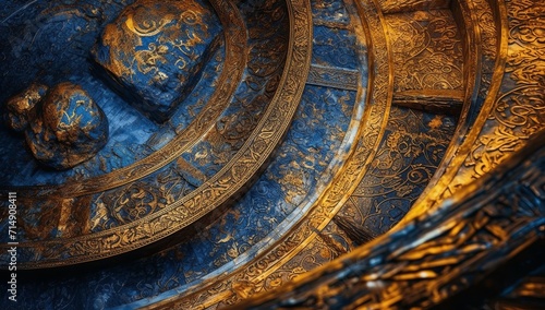 A close up view of a gold and blue clock