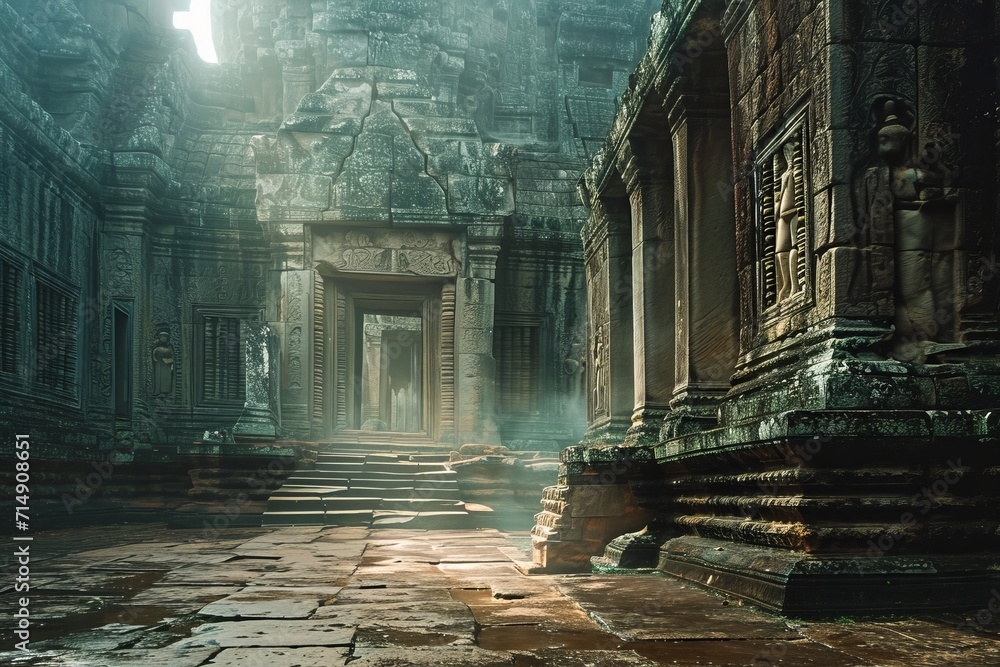 Fototapeta premium Sunlit Ancient Angkor Wat Temple Ruins in Jungle 