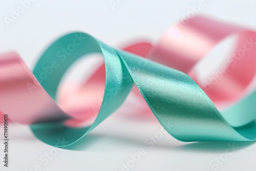 A close-up of a green and pink ribbon on a white background Generative AI photo