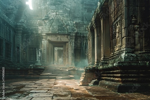 Sunlit Ancient Angkor Wat Temple Ruins in Jungle
