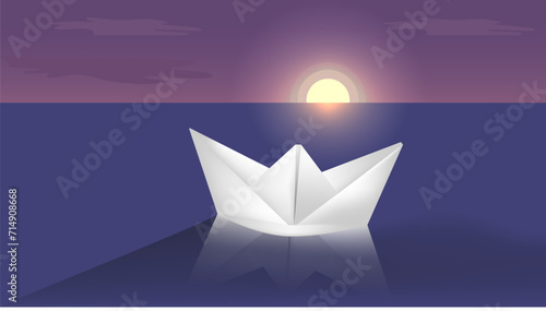 Vector illustration of a folding paper boat in the middle of the ocean illuminated by the sunset