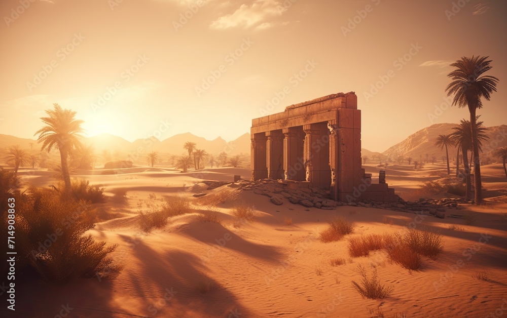 A desert scene with palm trees and a building A desert scene with palm trees and a building