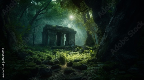 A dark forest with a stone structure in the middle of it