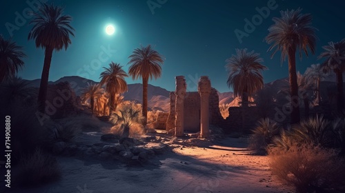 A desert scene with palm trees and a full moon
