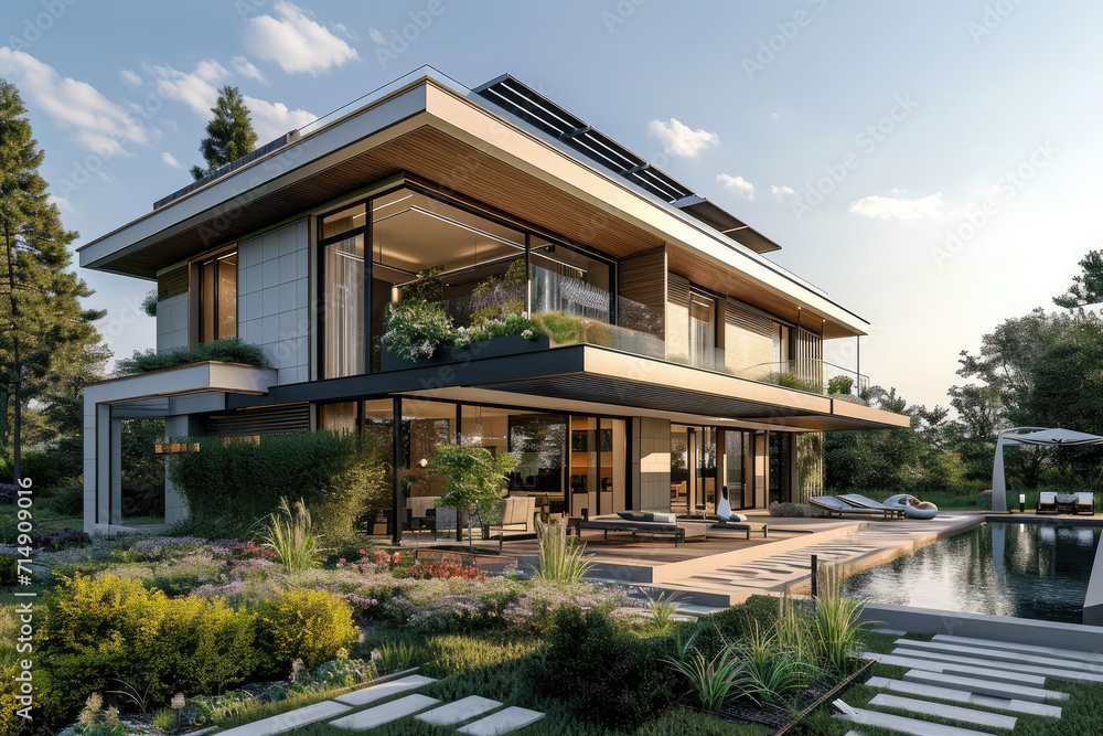 a modern villa with solar panels, big flowers garden