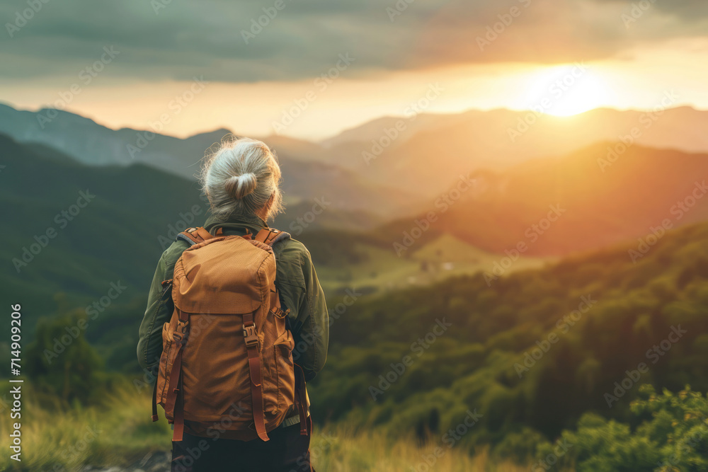 Close up back view of a calm elderly old mature woman in a travel backpack standing on rock looking at mountains. Travelling concept.