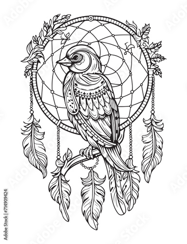 Dream catcher vector doodle illustration. Coloring page for adults