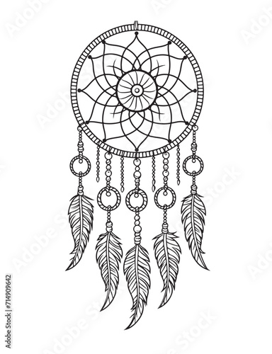 Dream catcher vector doodle illustration. Coloring page for adults