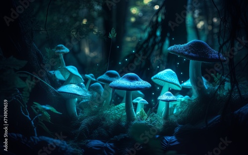 A group of mushrooms in a forest at night © Georgii