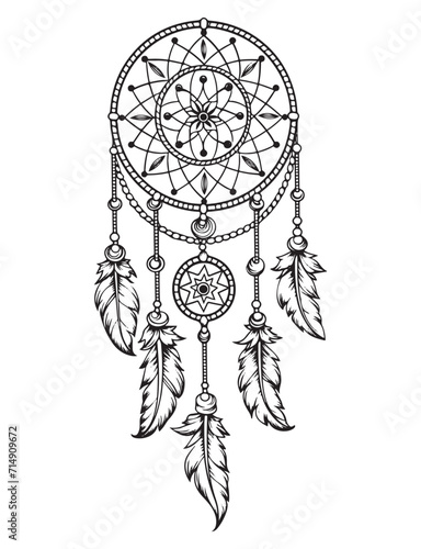 Dream catcher vector doodle illustration. Coloring page for adults
