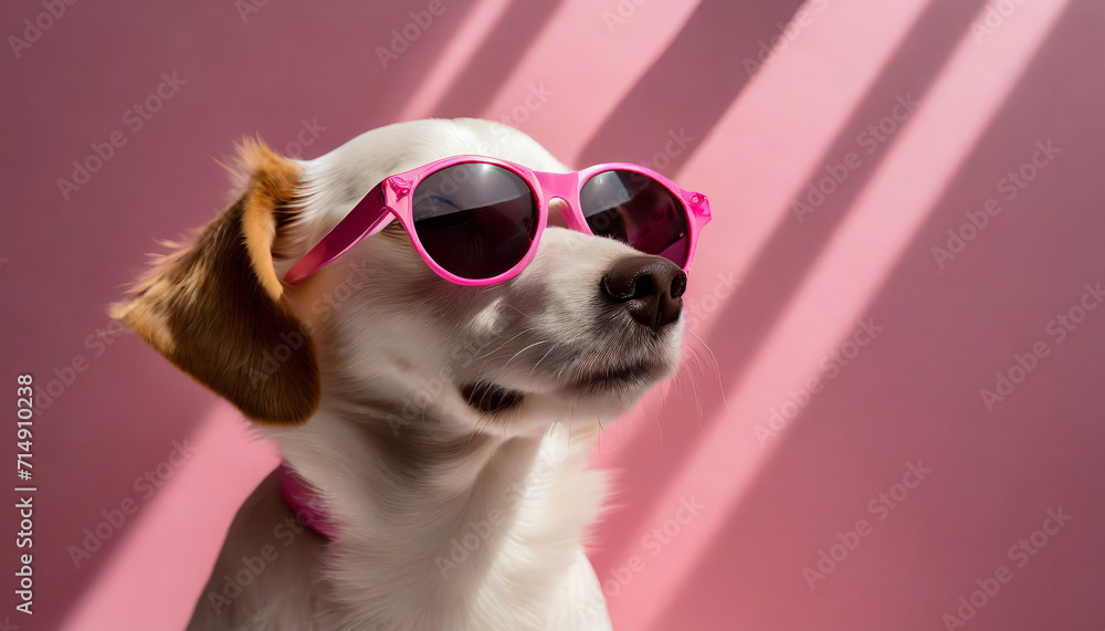 Funny dog with sunglasses on a pink background