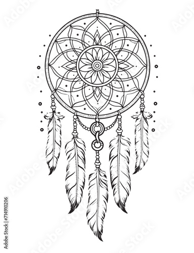 Dream catcher vector doodle illustration. Coloring page for adults
