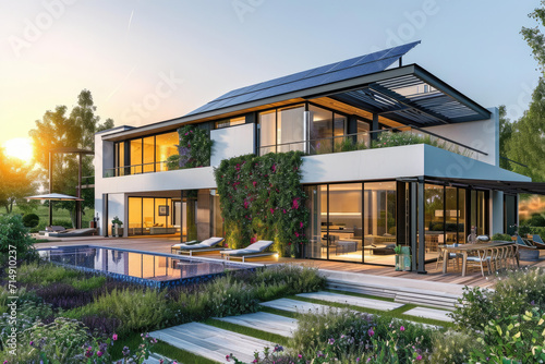 a modern villa with solar panels  big flowers garden