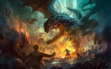 A painting of a dragon attacking a man