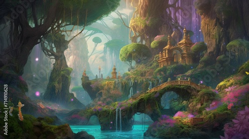 A painting of a fantasy forest with a waterfall